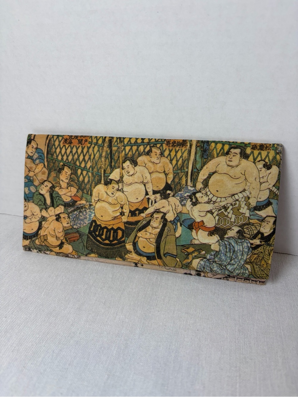 Handmade Japanese Sumo Wrestler Ukiyo-e Checkbook Cover Wallet Fabric Art